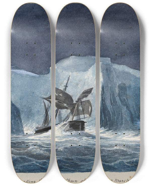 Triptych art skateboard deck of Charles Hamilton Smith The Erebus Passing Through The Chain Of Icebergs by Charles Hamilton Smith (1776-1859)