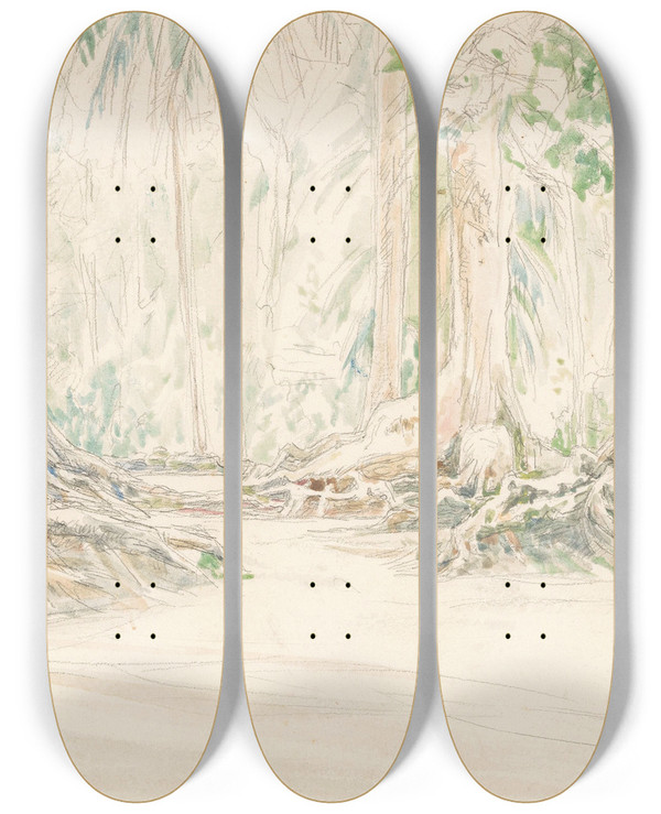 Triptych art skateboard deck of Jan Veth Gezicht Tussen Bomen In Indisch Woud by Jan Veth (1864-1925)
