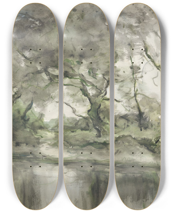 Triptych art skateboard deck of Pieter Hjj Ras Water En Bomen by Pieter H.J.J. Ras (19-20-)