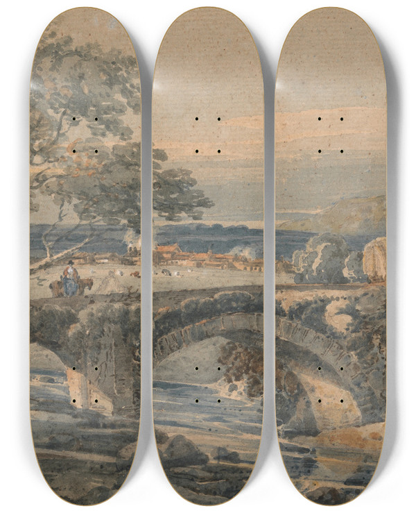 Triptych art skateboard deck of Thomas Girtin The Old Bridge In Devon by Thomas Girtin (1775-1802)