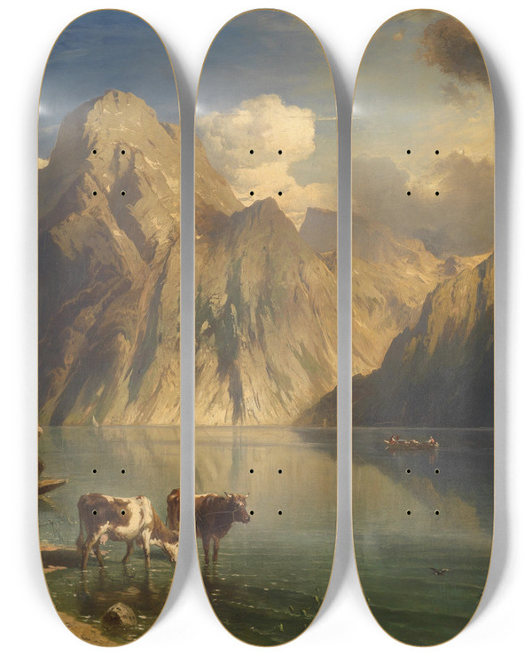 Triptych art skateboard deck of Carl Schweninger Das Echo Vom Traunstein by Carl Schweninger (1854-1903)