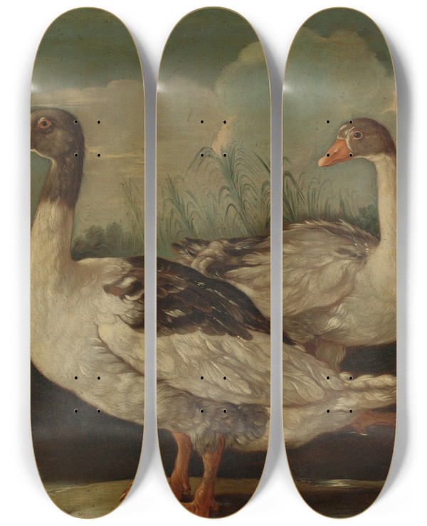Triptych art skateboard deck of Central Italian School Two Proud Geese by Central Italian School