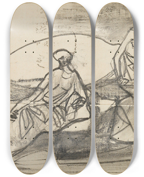 Triptych art skateboard deck of Adolf Hlzel Figrliche Szenen by Adolf Holzel (1853-1934)