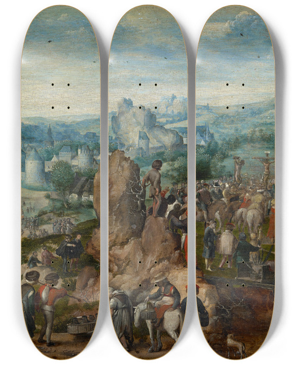 Triptych art skateboard deck of Braunschweiger Monogrammist Calvary Golgotha by Braunschweiger Monogrammist (----16-)