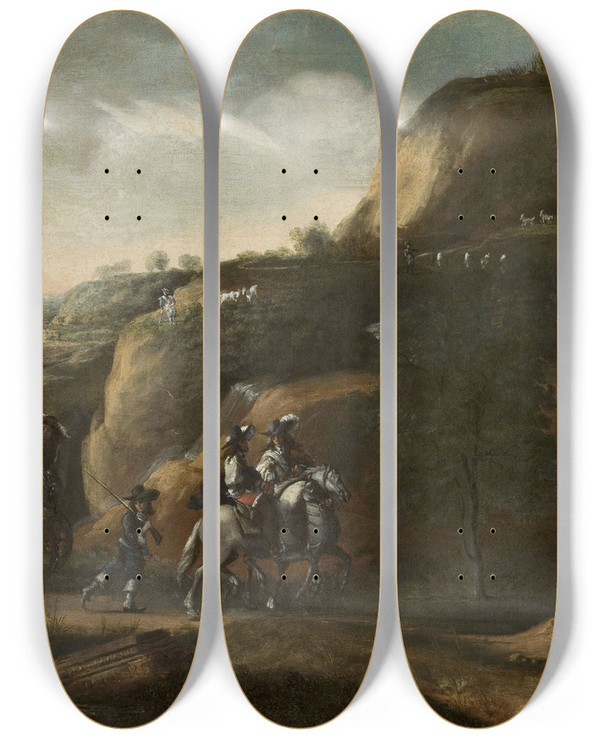 Triptych art skateboard deck of Frederik De Moucheron Landscape With A Carriage by Frederik De Moucheron (1633-1686)