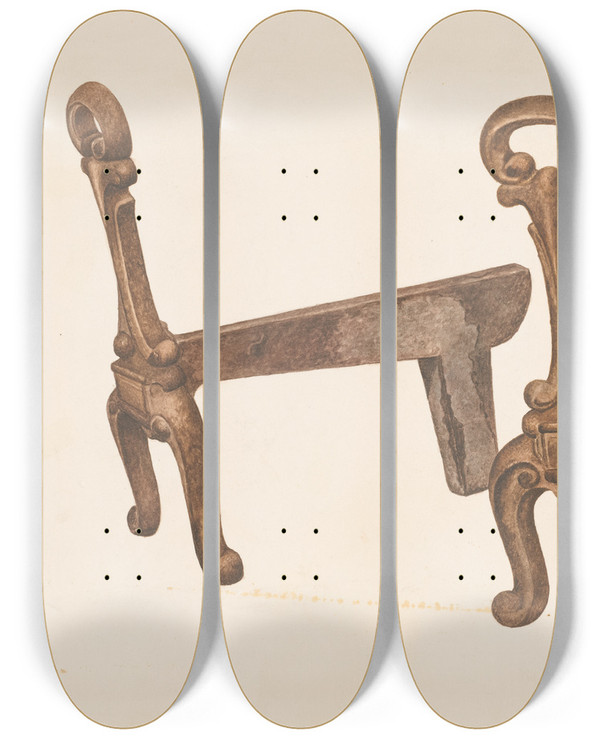 Triptych art skateboard deck of Paul Poffinbarger Andiron Or Fire Dog by Paul Poffinbarger