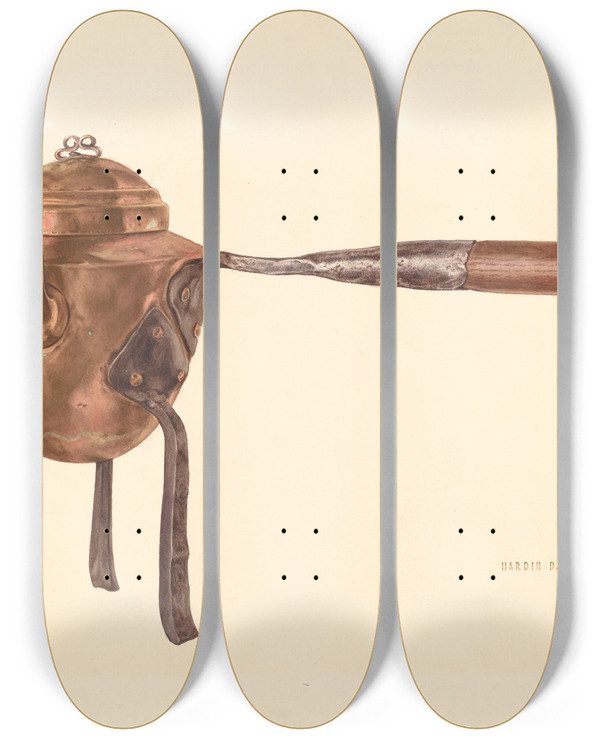 Triptych art skateboard deck of Hardin Walsh Bishop Hill Coffee Pot by Hardin Walsh