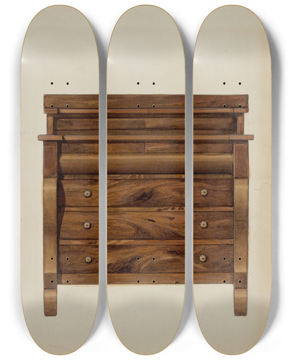 Triptych art skateboard deck of Dana Bartlett Dresser by Dana Bartlett