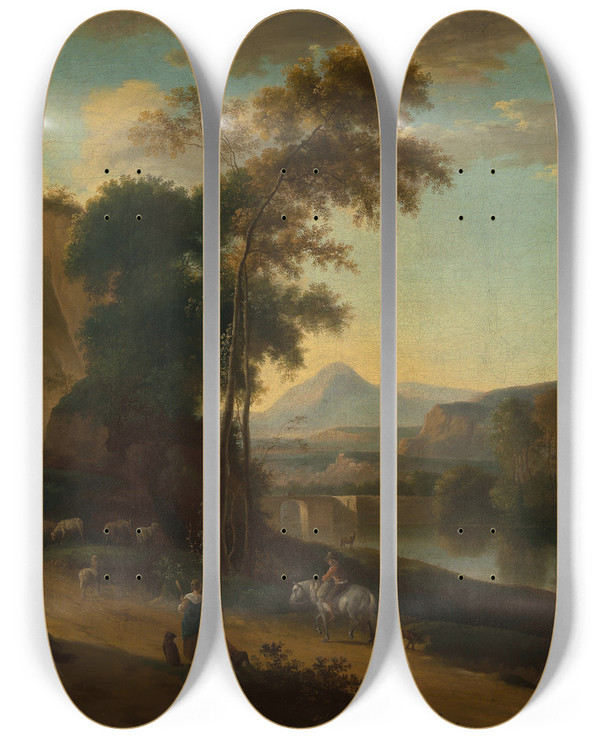 Triptych art skateboard deck of Jan Hackaert An Extensive River Landscape With Travellers by Jan Hackaert (1629-1700)
