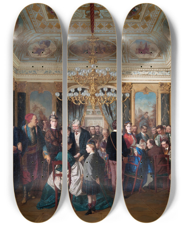 Triptych art skateboard deck of Carl Dunker A Gaming Room In Wiesbaden by Carl d'Unker (1829-1866)