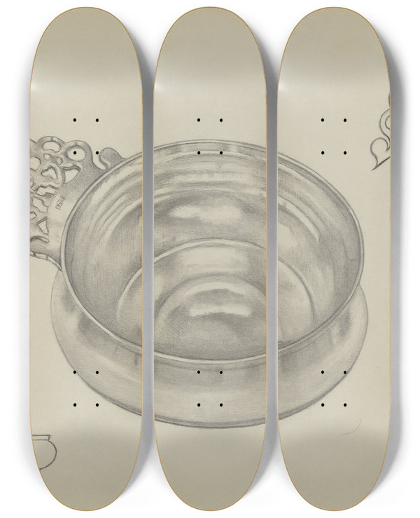 Triptych art skateboard deck of Herbert Russin Silver Porringer by Herbert Russin