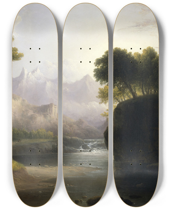Triptych art skateboard deck of Thomas Doughty Fanciful Landscape by Thomas Doughty (1793-1856)