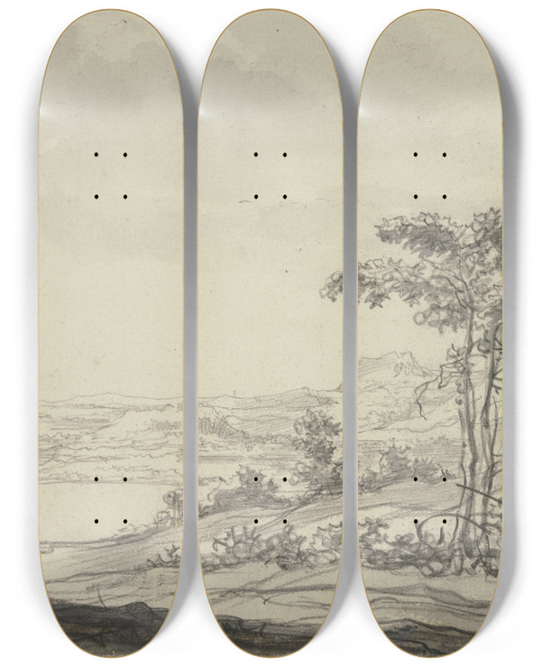 Triptych art skateboard deck of Aelbert Cuyp Gebirgslandschaft Am Meer Links Ein Sitzender Mann Bei Einem Esel by Aelbert Cuyp (1620-1691)