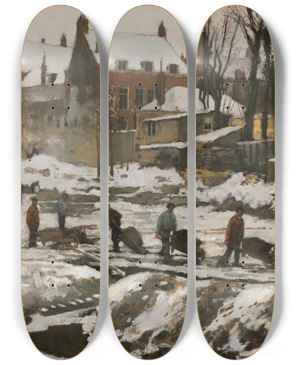 Triptych art skateboard deck of George Hendrik Breitner Construction Site In Amsterdam by George Hendrik Breitner (1857-1923)