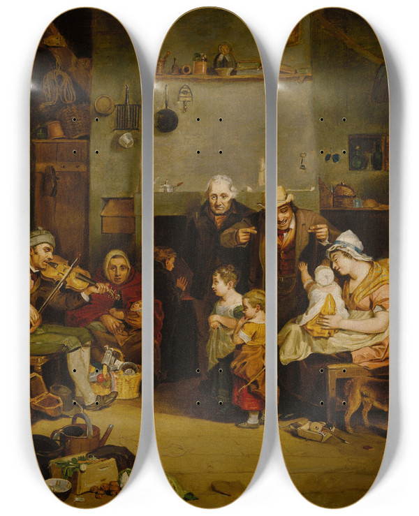 Triptych art skateboard deck of John Lewis Krimmel Blind Fiddler by John Lewis Krimmel (1786-1821)