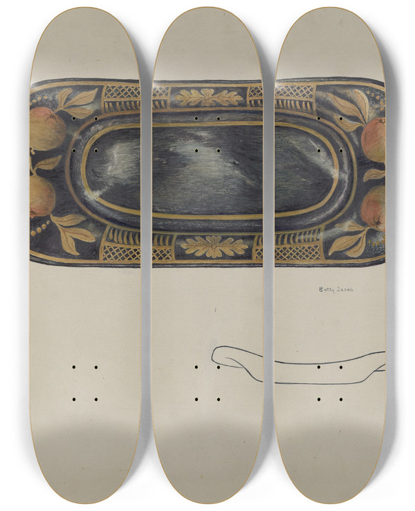 Triptych art skateboard deck of Betty Jacob Toleware Tray by Betty Jacob