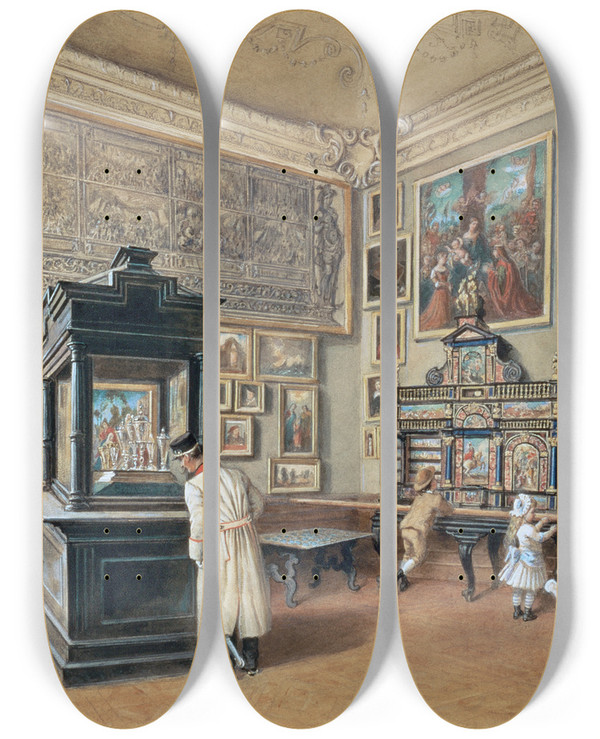 Triptych art skateboard deck of Carl Goebel The Younger Letztes Kabinett Der Ambraser Sammlung Mit Bhmischen Glsern by Carl Goebel The Younger (1824-1899)