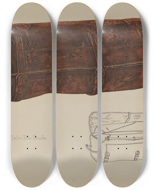 Triptych art skateboard deck of Walter Praefke Leather Mail Bag by Walter Praefke