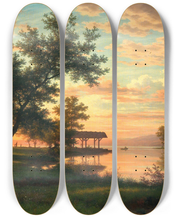 Triptych art skateboard deck of Robert Znd Evening Atmosphere By The Lakeside by Robert Zund (1827-1909)
