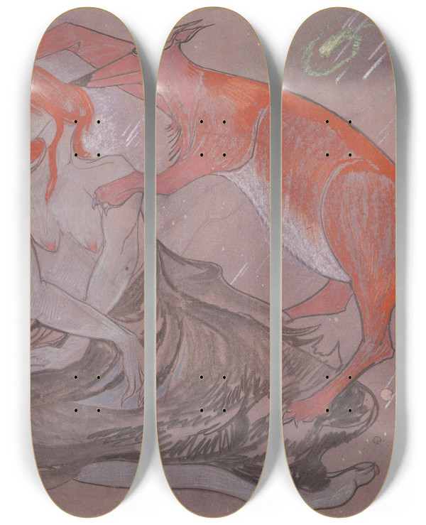 Triptych art skateboard deck of Stanisaw Ignacy Witkiewicz Caterpillar From The Series Astronomical Compositions by Stanislaw Ignacy Witkiewicz (1885-1939)