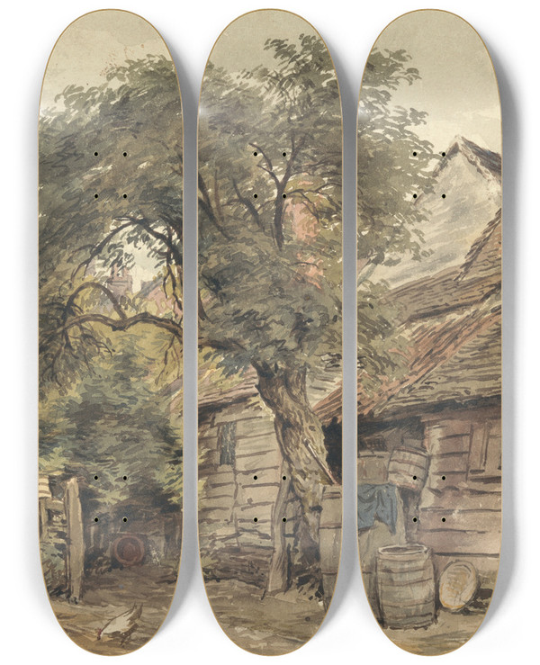 Triptych art skateboard deck of William Henry Hunt Backyard Of A Cottage by William Henry Hunt (1790-1864)