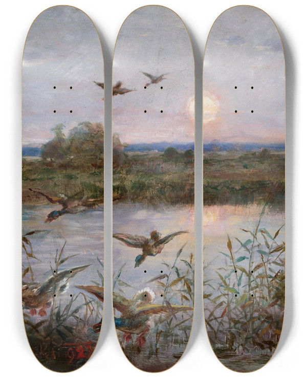 Triptych art skateboard deck of Aleksander Mroczkowski Ducks Over Marshes by Aleksander Mroczkowski (1850-1927)