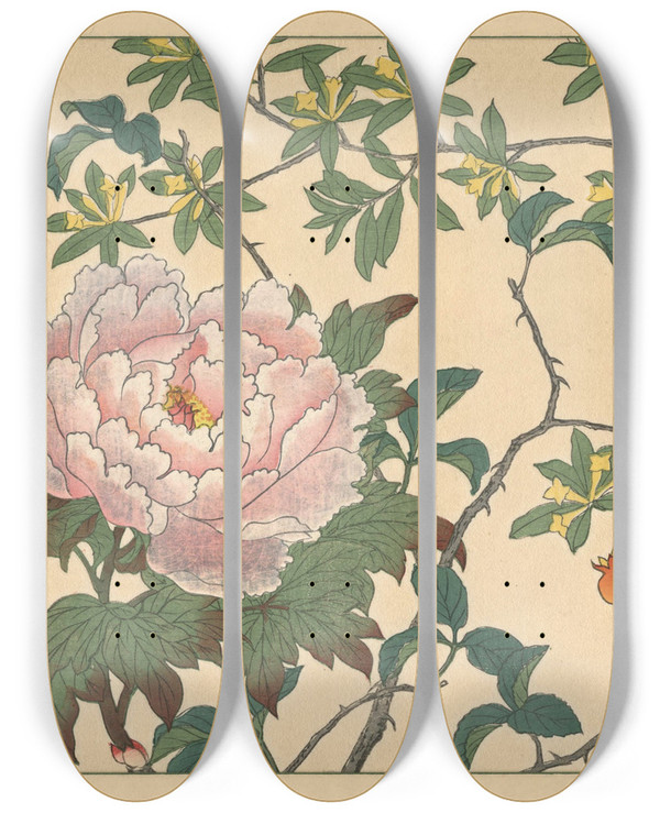 Triptych art skateboard deck of Sakai Hoitsu Peony by Sakai Hoitsu (1761-1828)