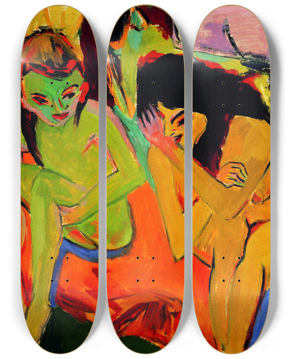 Triptych art skateboard deck of Ernst Ludwig Kirchner Nackte Mdchen Unterhalten Sich by Ernst Ludwig Kirchner (1880-1938)