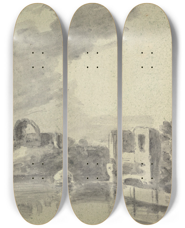 Triptych art skateboard deck of William Gilpin River View With Ruins by William Gilpin (1724-1804)