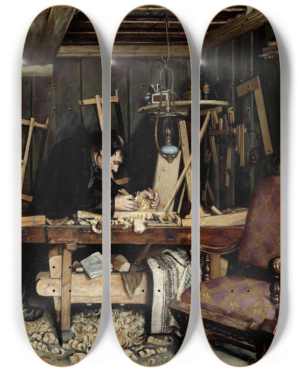 Triptych art skateboard deck of Gustav Wentzel A Carpenters Workshop by Gustav Wentzel (1859-1927)