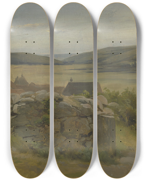 Triptych art skateboard deck of Jakob Becker Kleines Dorf Mit Blick Auf Wiese by Jakob Becker (1810-1872)