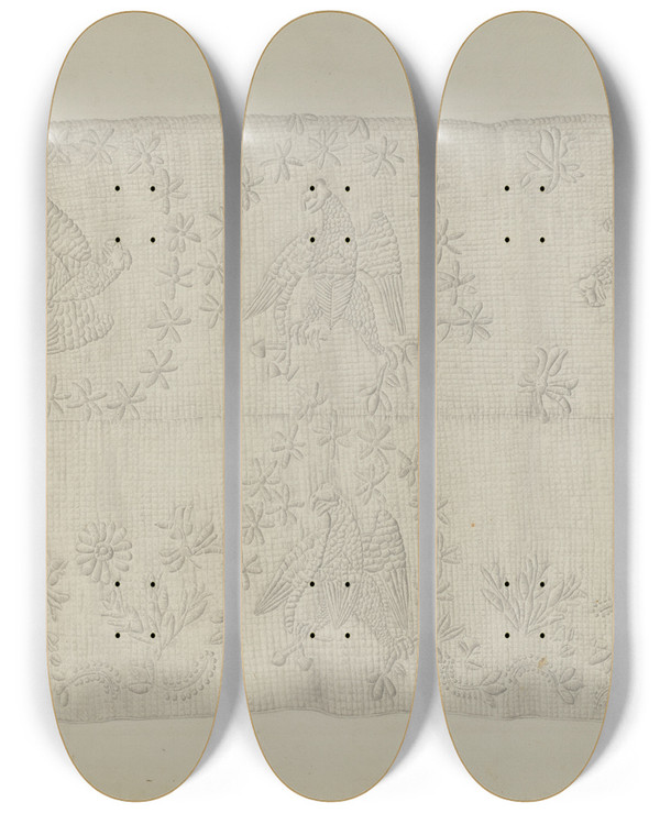 Triptych art skateboard deck of Bessie Forman Bedspread by Bessie Forman