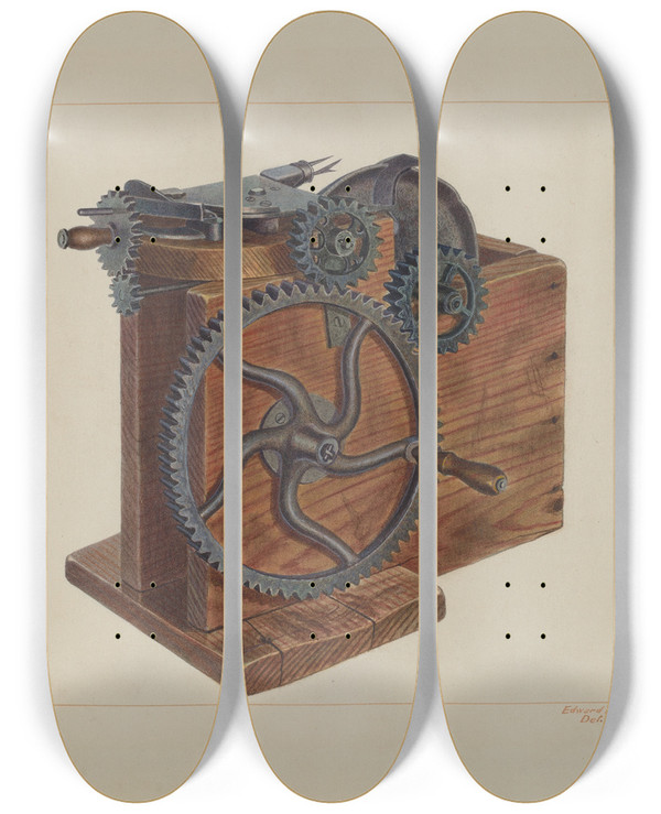 Triptych art skateboard deck of Edward L Loper Fruit Slicer by Edward L Loper (1916-2011)
