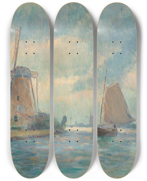 Triptych art skateboard deck of Albert Lebourg Moulin Delft by Albert Lebourg (1849-1928)