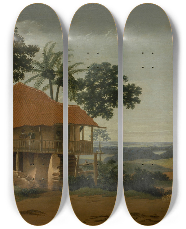 Triptych art skateboard deck of Frans Post Brazilian Landscape With A Workers House by Frans Post (1612-1680)