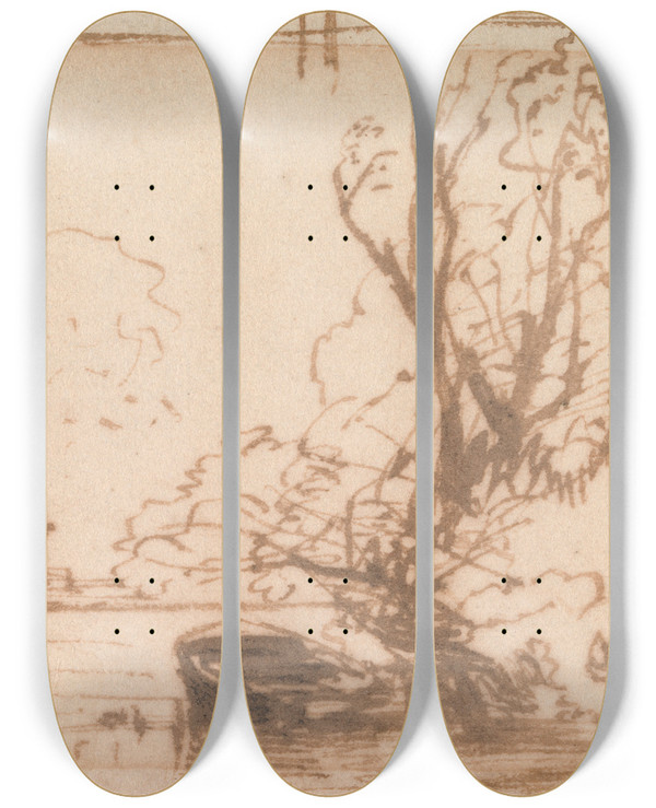 Triptych art skateboard deck of Thomas Creswick A Boat Moored By A River Bank by Thomas Creswick (1811-1869)