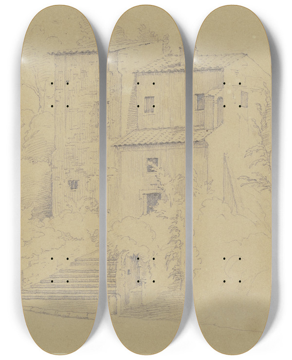 Triptych art skateboard deck of Nikolaus Hoff Die Eremitage Bei Albano by Nikolaus Hoff (1798-1873)