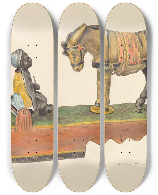 Triptych art skateboard deck of Bertha Semple Toy Bank by Bertha Semple