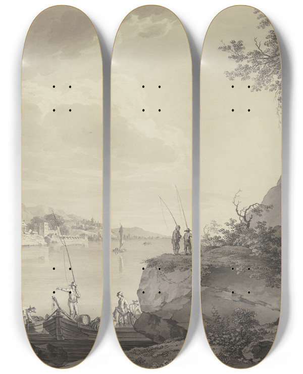 Triptych art skateboard deck of Adrian Zingg Befestigte Stadt An Einem Flu by Adrian Zingg (1734-1816)