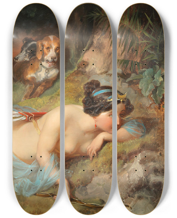 Triptych art skateboard deck of Friedrich Sturm Diana by Friedrich Sturm (1834-1906)