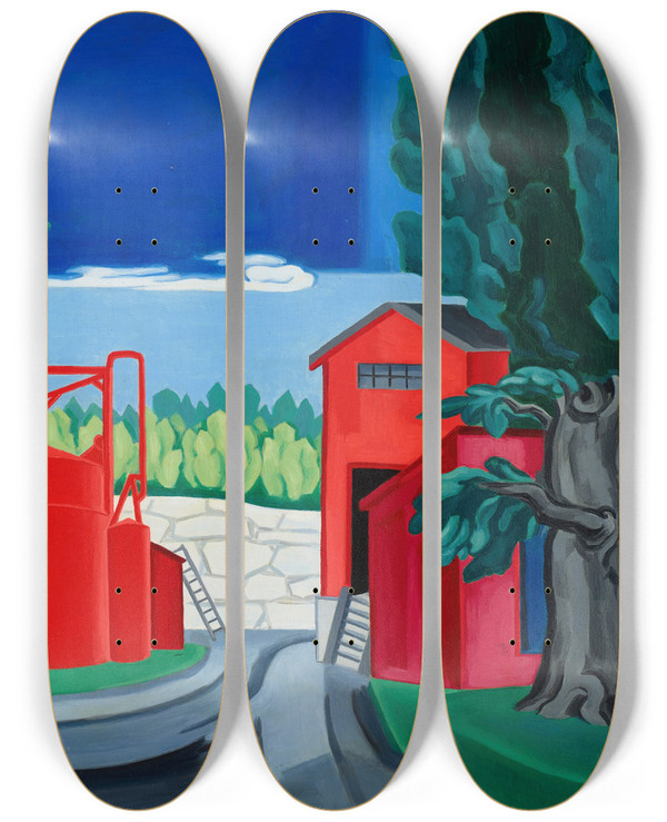 Triptych art skateboard deck of Oscar Bluemner Pagoda Red Tank West Quincy by Oscar Bluemner (1867-1938)