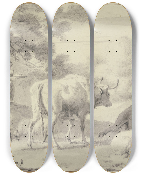 Triptych art skateboard deck of Dirck Van Bergen Khe Und Schafe Links Unter Einem Baum Hirte Und Hirtin by Dirck Van Bergen (1645-1690)