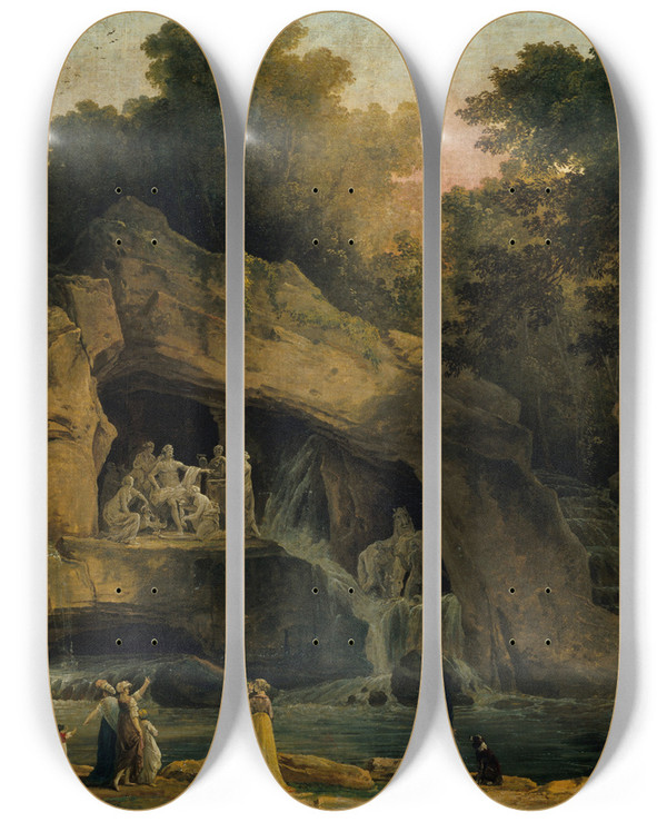 Triptych art skateboard deck of Hubert Robert The Baths Of Apollo In Versailles by Hubert Robert (1733-1808)