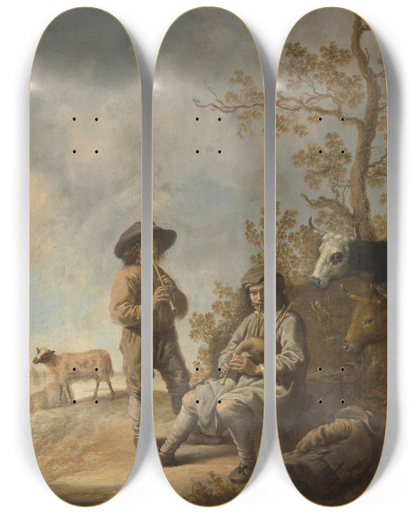 Triptych art skateboard deck of Aelbert Cuyp Piping Shepherds by Aelbert Cuyp (1620-1691)