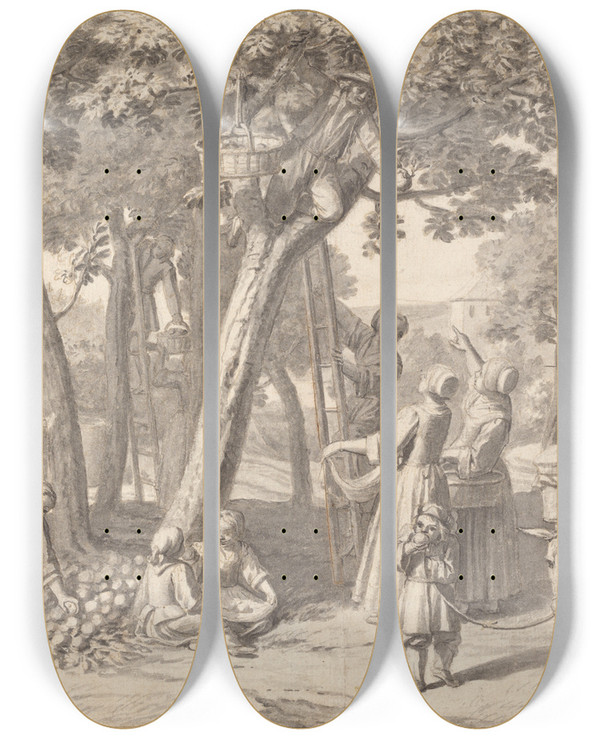 Triptych art skateboard deck of Claude Simpol An Apple Harvest by Claude Simpol (1666-1716)