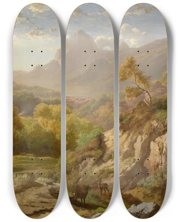 Triptych art skateboard deck of Albert Zimmermann Rotwild In Einer Weiten Gebirgslandschaft by Albert Zimmermann (1808-1888)