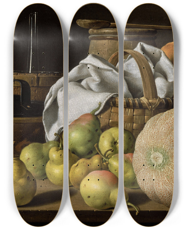 Triptych art skateboard deck of Luis Melndez Still Life With Melon And Pears by Luis Melendez (1716-1780)
