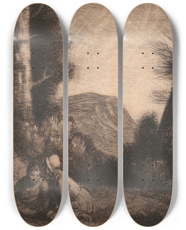 Triptych art skateboard deck of William Strang Distant Hills by William Strang (1859-1921)