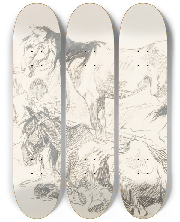 Triptych art skateboard deck of Nikolai Semenovich Samokish Rest On The Field by Nikolai Semenovich Samokish (1860-1944)