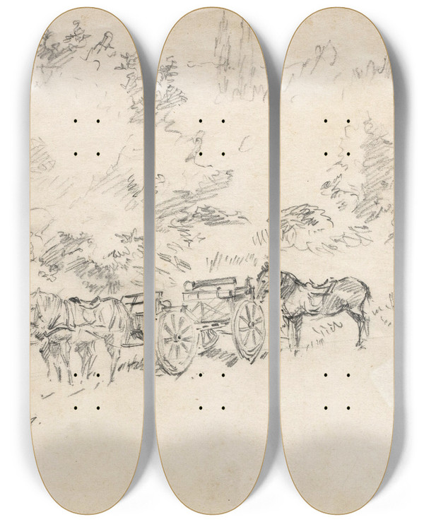 Triptych art skateboard deck of August Kratzer Pferdekutsche by August Kratzer (1913-1943)